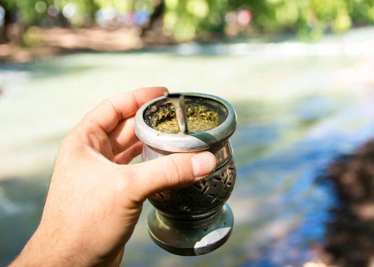 Gros plan sur un bol de yerba mate tenu par une main