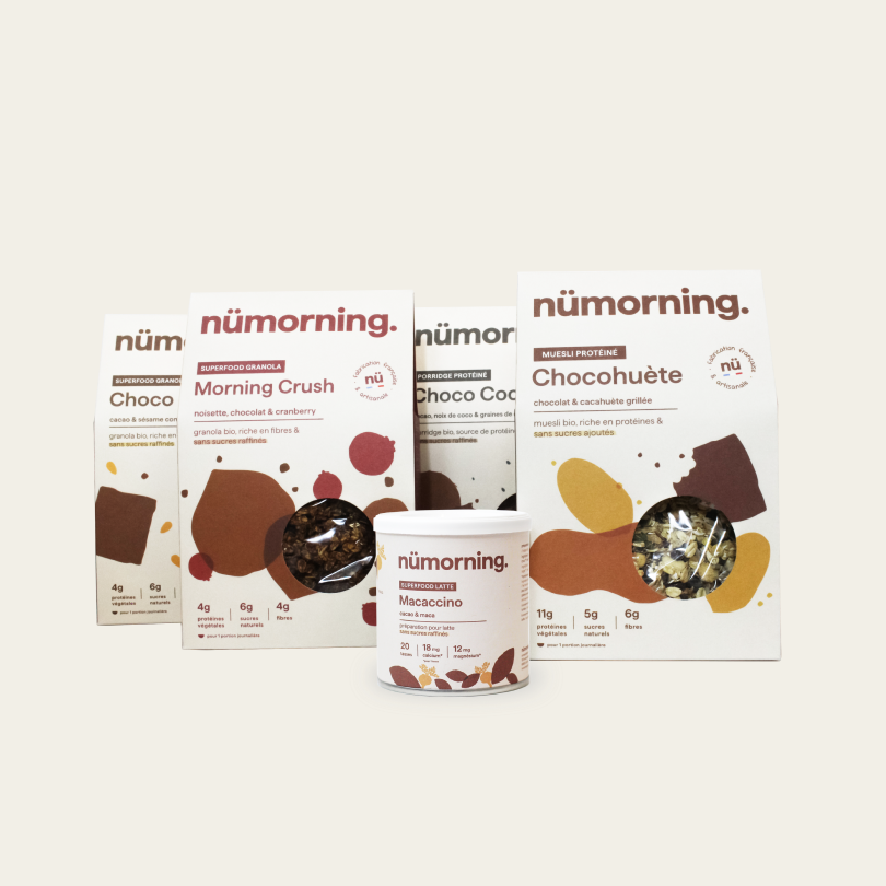 Packs nümorning au chocolat : granolas, muesli, porridge et boisson chocolatée