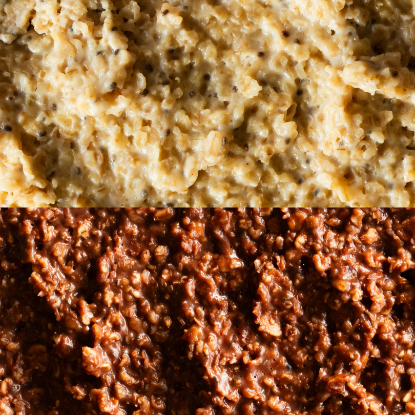 Gros plan sur les deux recettes de porridge bio nümorning : cacao et vanille