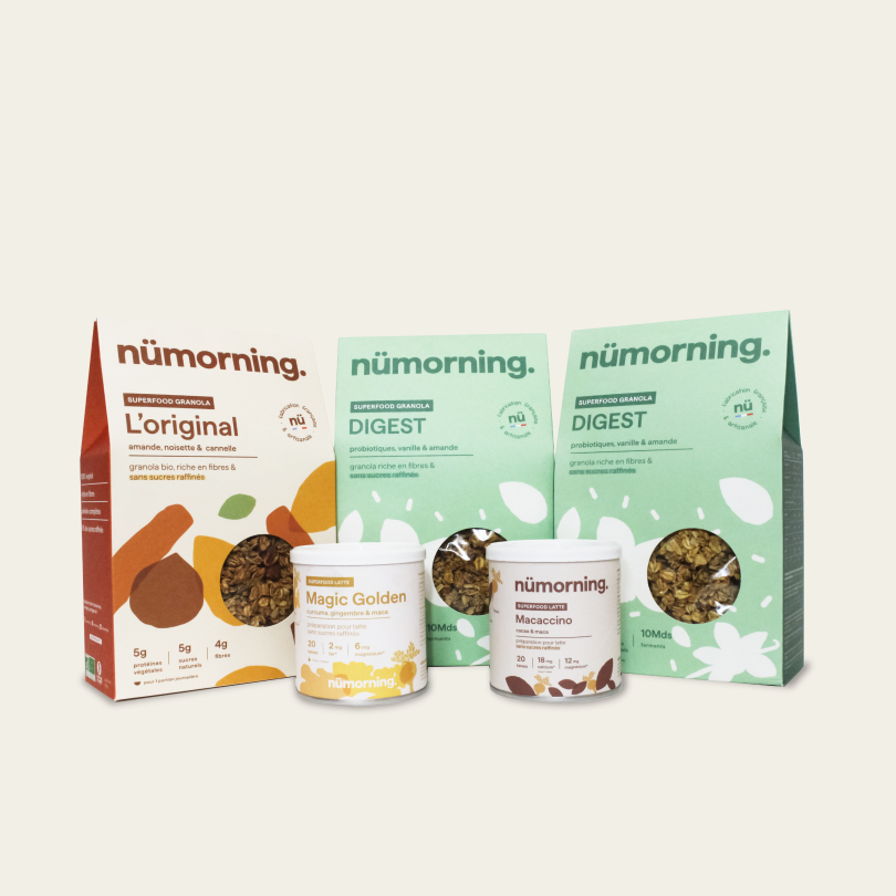 Pack spécial jeunes mamans nümorning avec granolas et boissons bio peu sucrées et riches en fibres