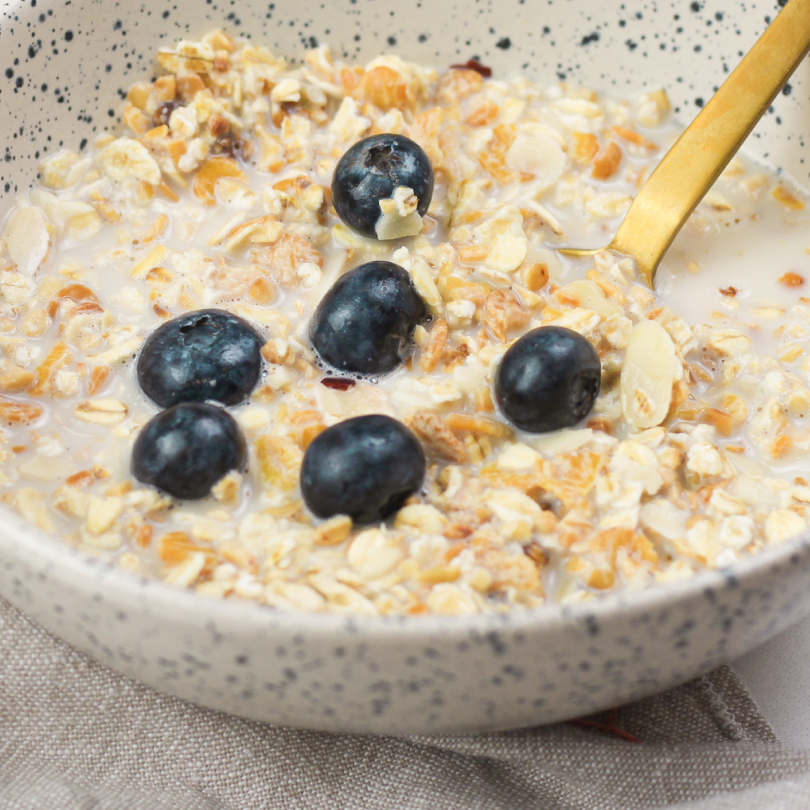 Bol de muesli protéiné avec lait végétal et myrtilles pour le petit-déjeuner