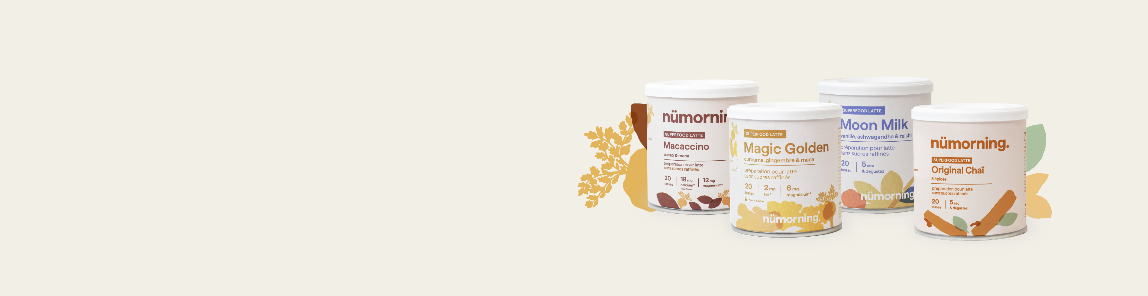 Pack de boissons instantanées bio nümorning avec Macaccino, Magic Golden, Moon Milk et Original Chaï