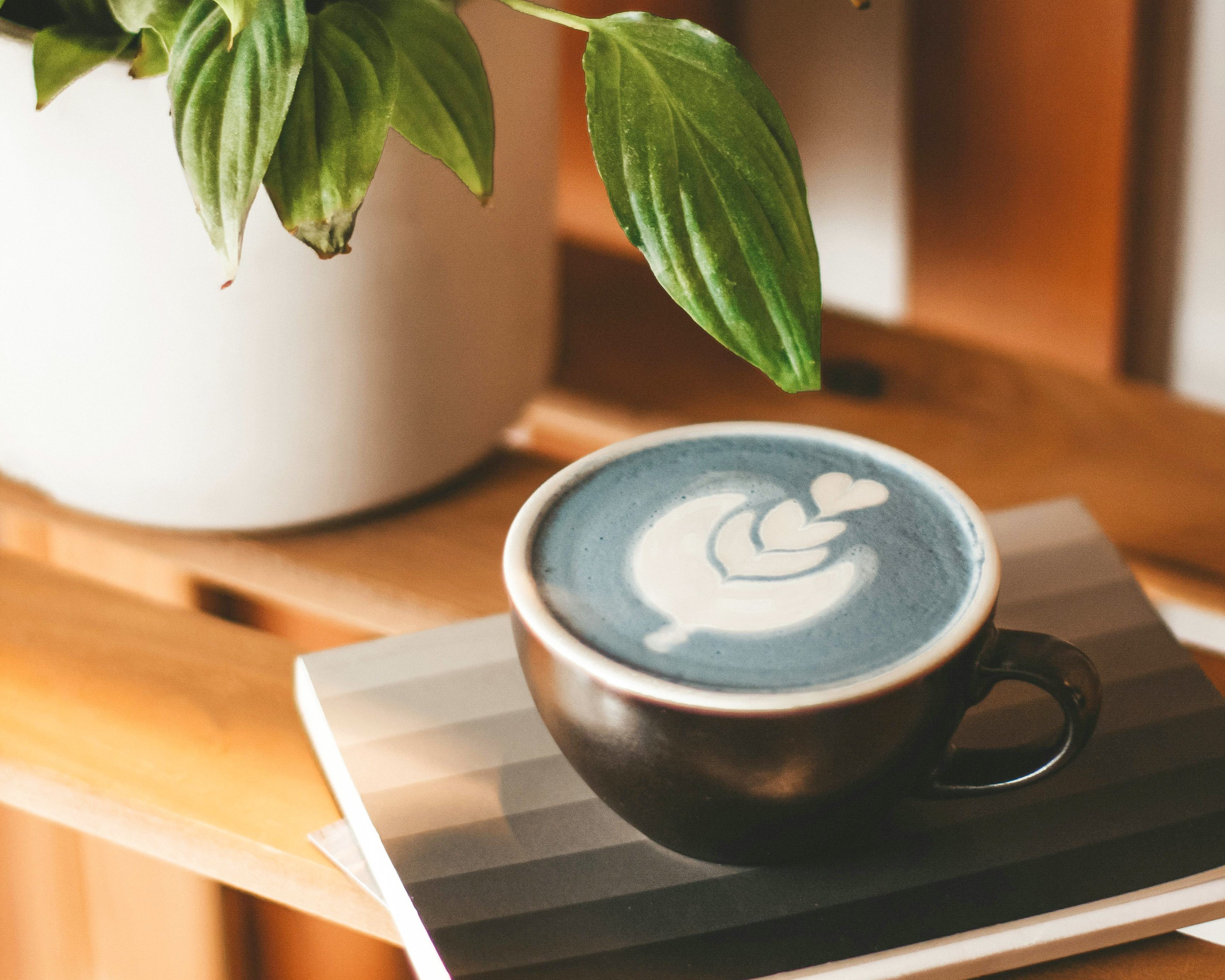 Gros plan sur une tasse de blue latte avec un latte art en forme de chaine de coeurs Image