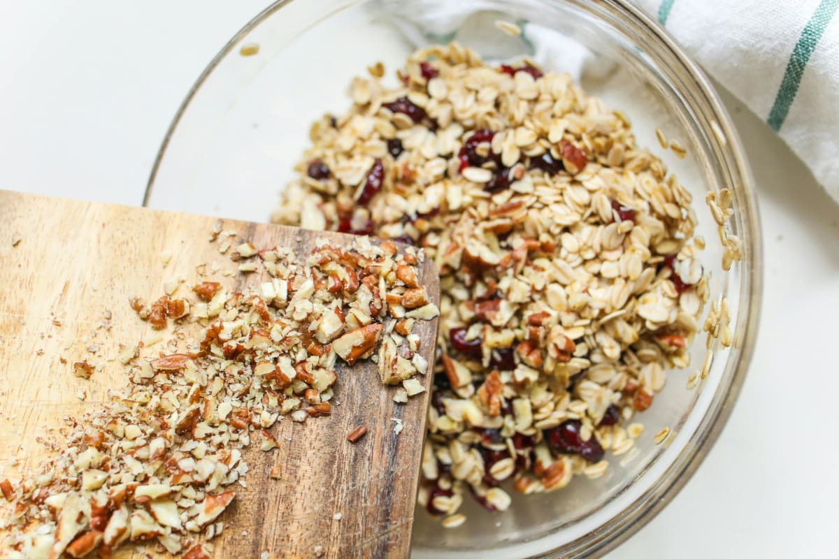 Bol de granola maison avec des noix, des cranberries et des flocons d'avoine