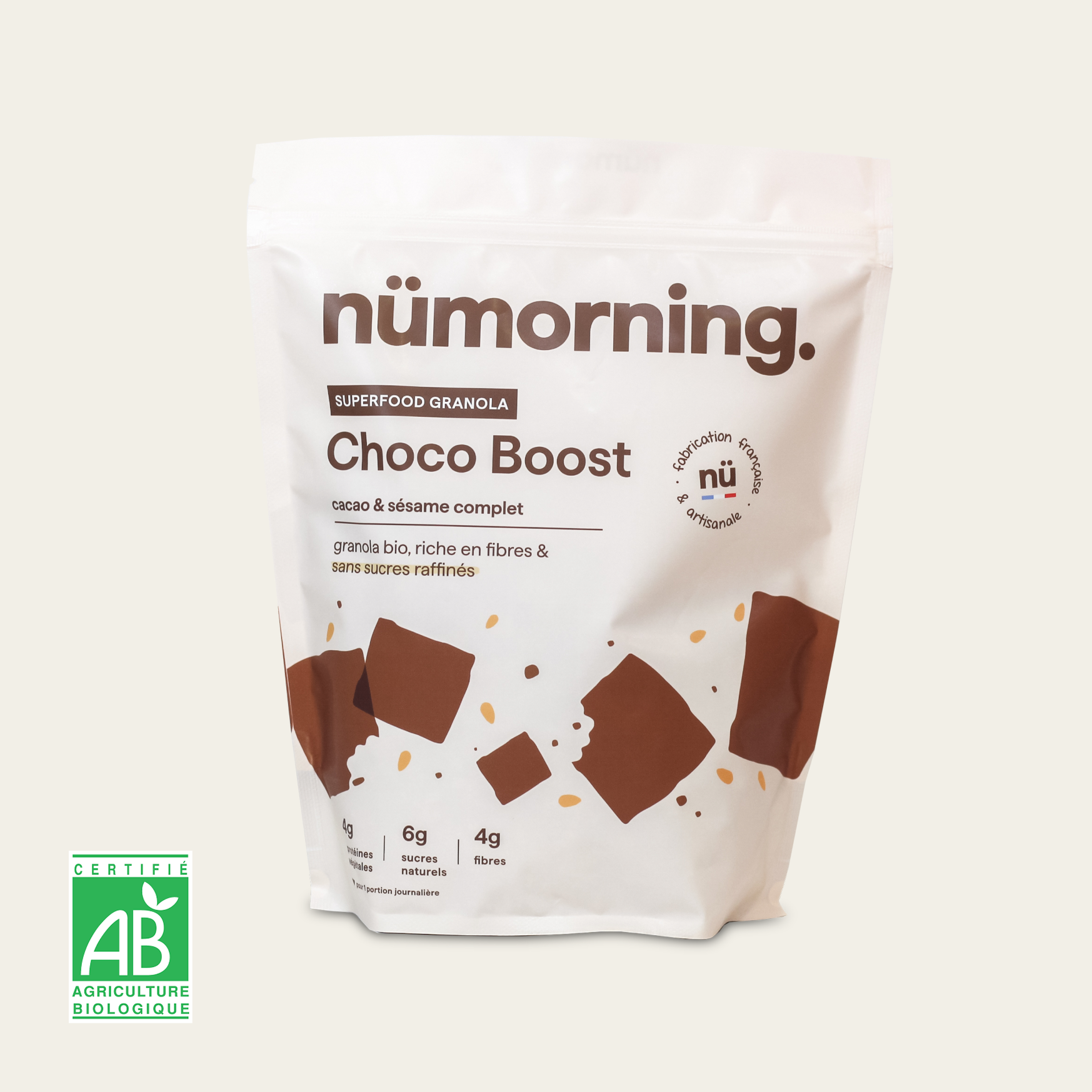 Paquet de 1kg de granola bio Choco Boost nümorning, au chocolat