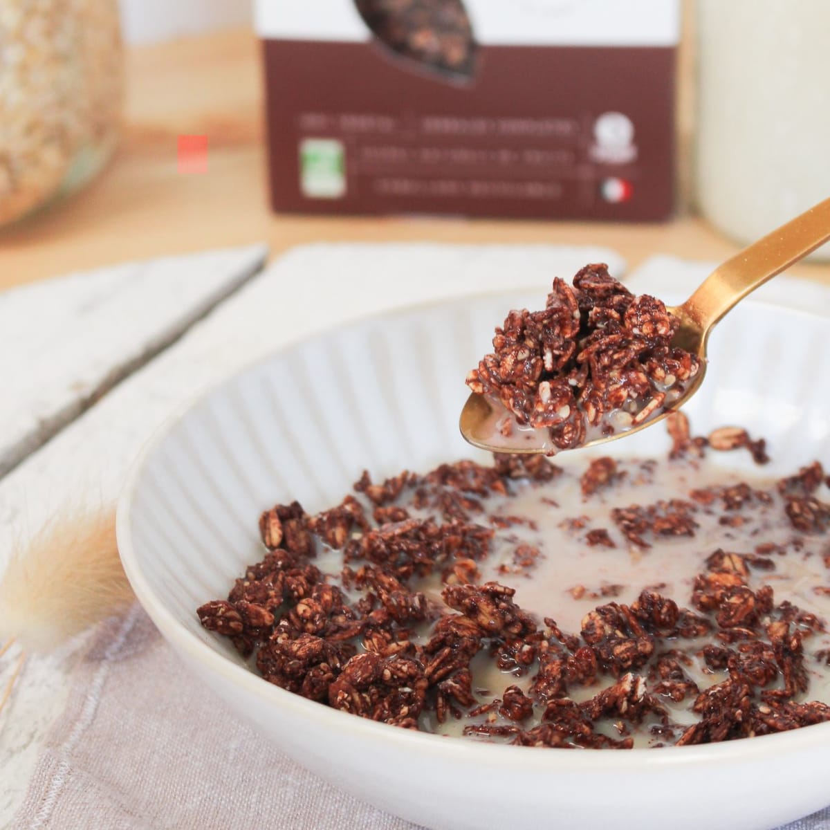 Bol de granola chocolat dans du lait végétal