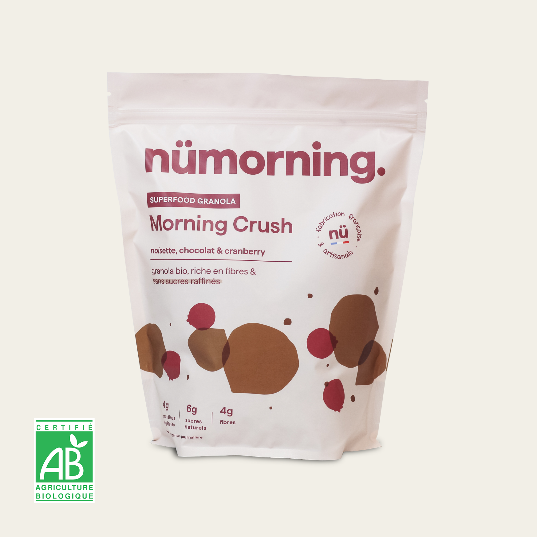 Paquet de 1kg de granola bio Morning Crush nümorning, aux noisettes et au chocolat