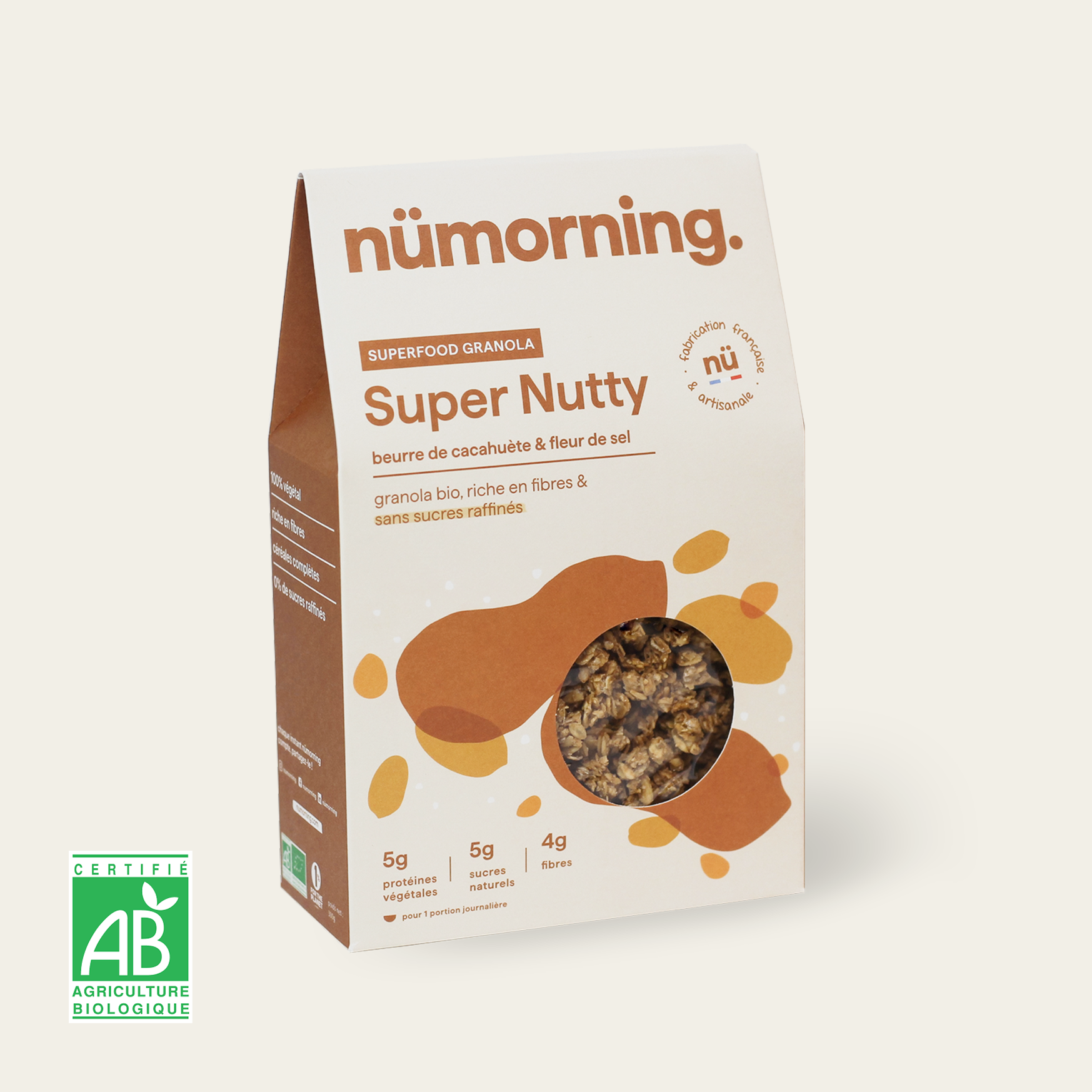Paquet de granola bio et peu sucré Super Nutty, au beurre de cacahuète, de la marque nümorning