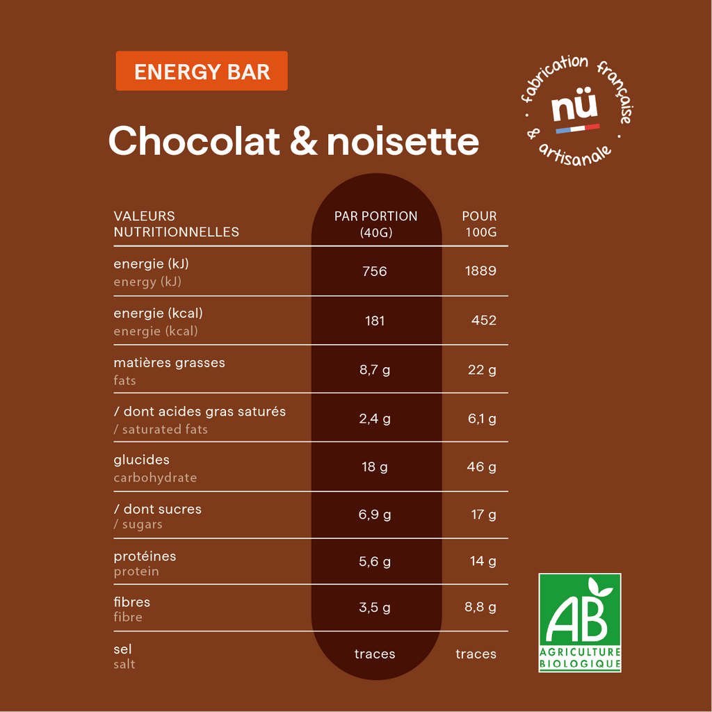 Tableau des valeurs nutritionnelles de la barre noisette et chocolat nümorning