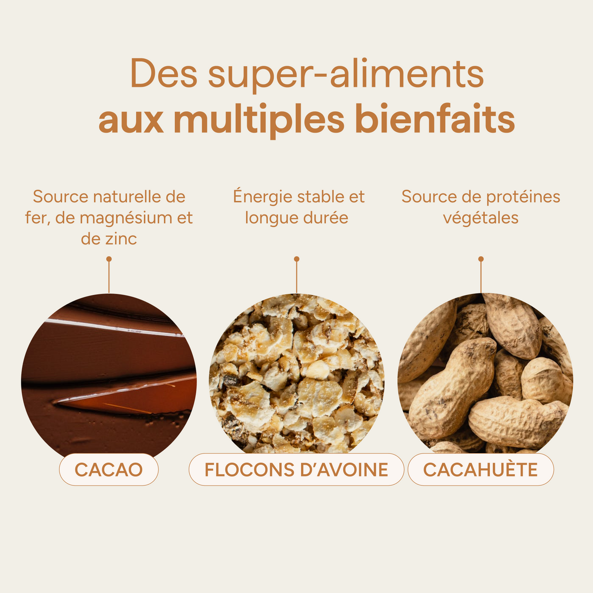 Ingrédients de la barre cacahuète et leurs qualités : cacao, flocons d'avoine et cacahuète