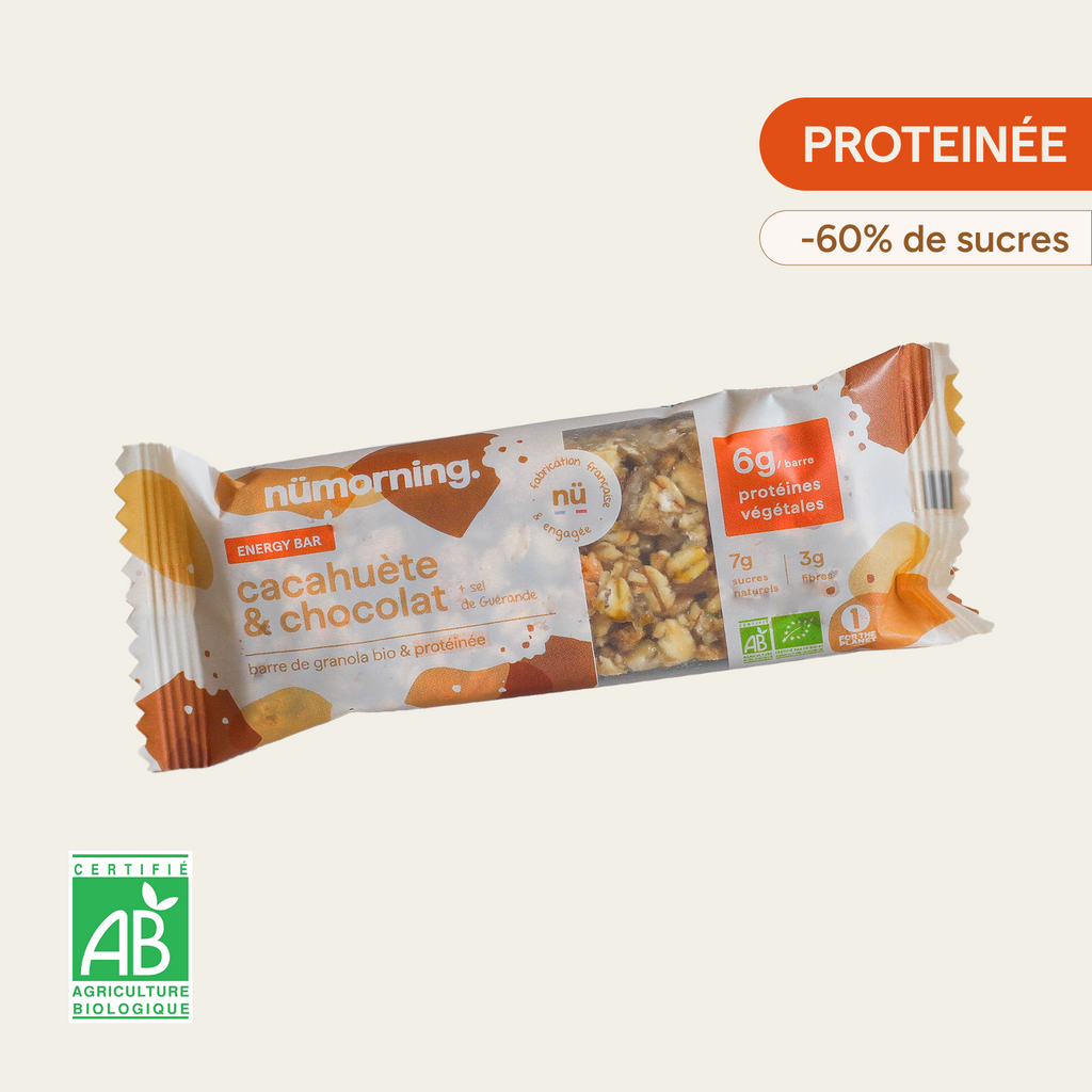 Barre de céréales à la cacahuète et chocolat nümorning, protéinée bio, -60% de sucres