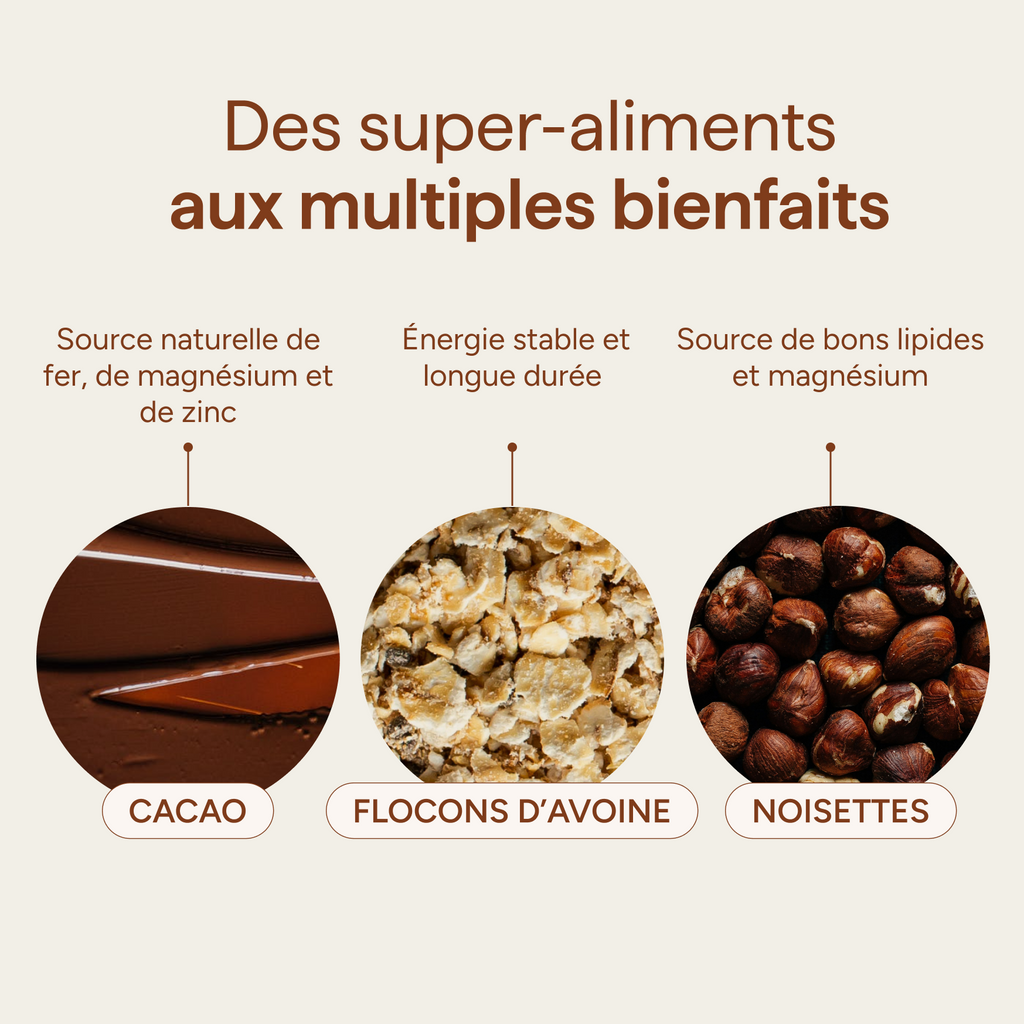 Ingrédients de la barre cacahuète et leurs qualités : cacao, flocons d'avoine et cacahuète