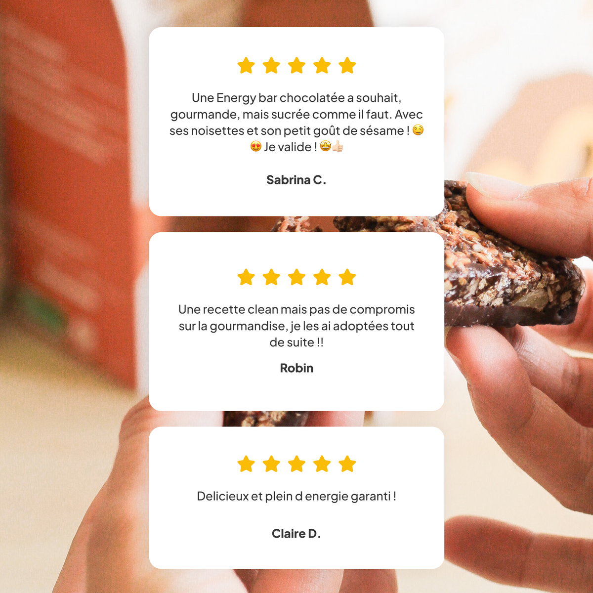 3 avis 5 étoiles sur la barre cacahuète et chocolat nümorning