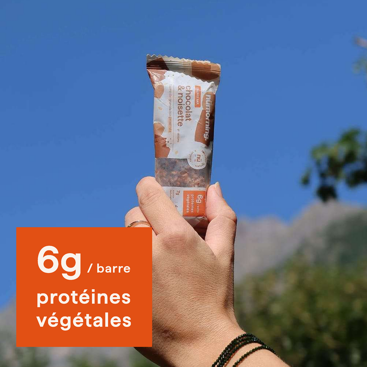 Barre de céréales au chocolat et noisette nümorning, 6g de protéines par barre