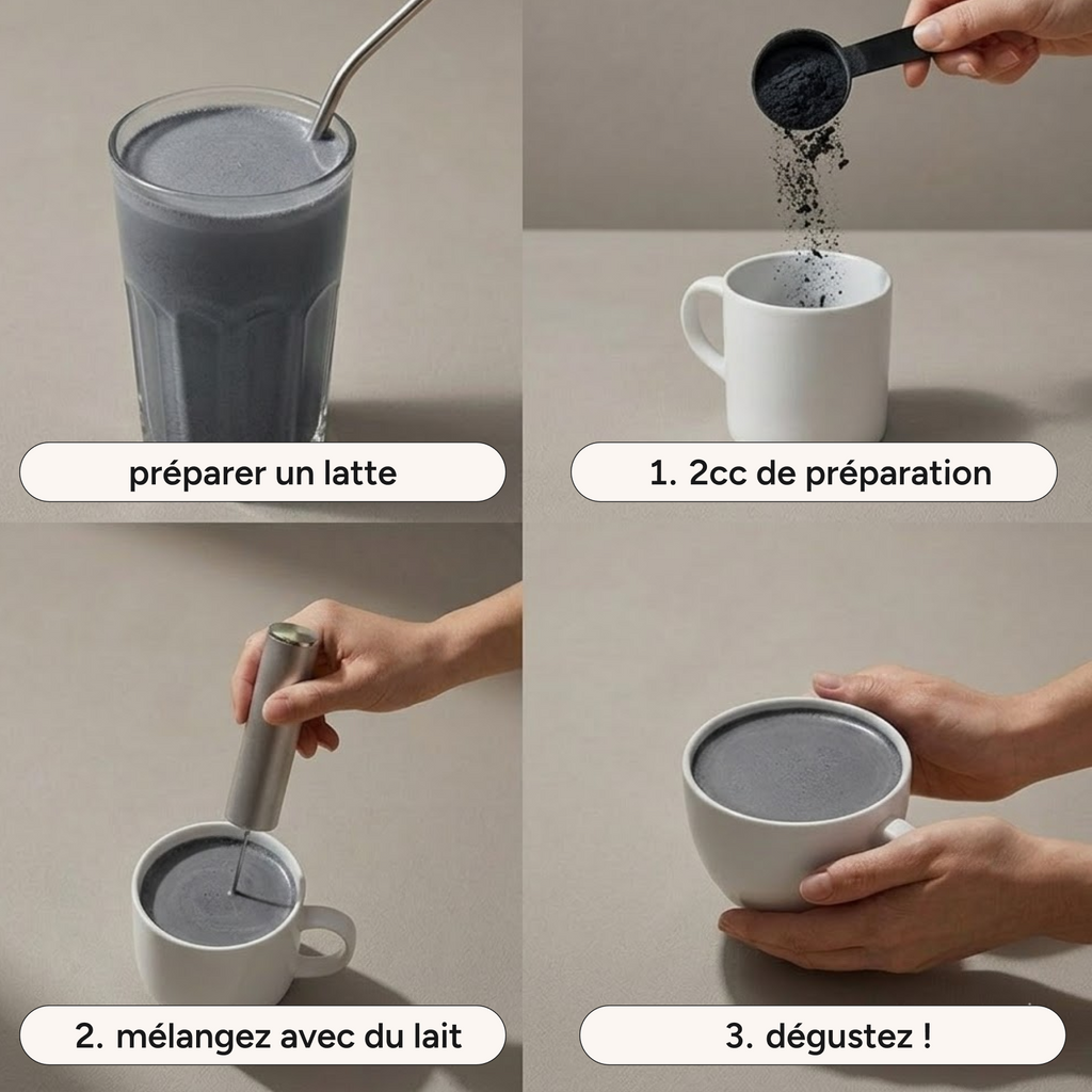 Préparation pour black sésame en 3 étapes : poudre, lait et mélange, dégustation
