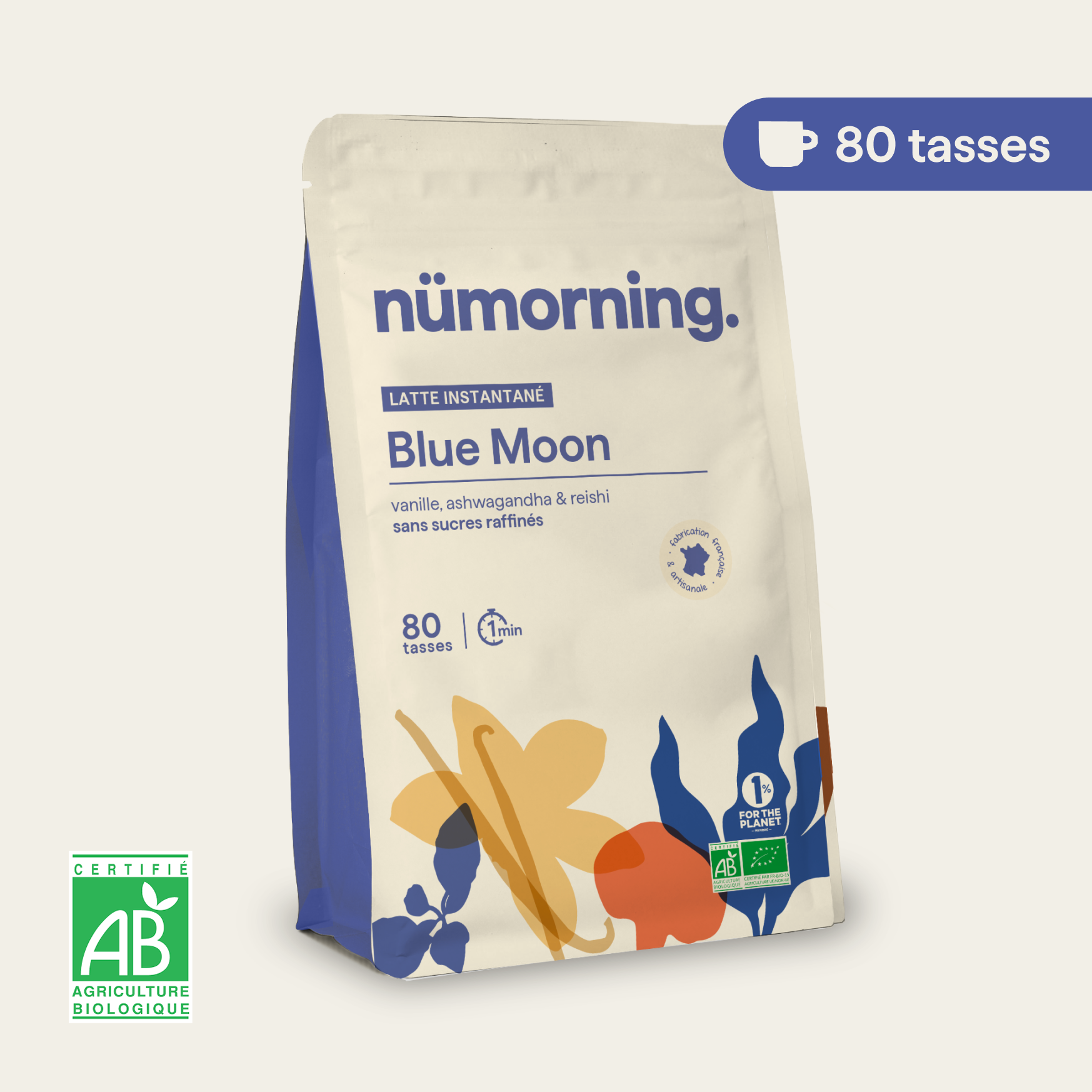 Sachet grand format de blue latte en poudre bio Blue Moon de la marque numorning
