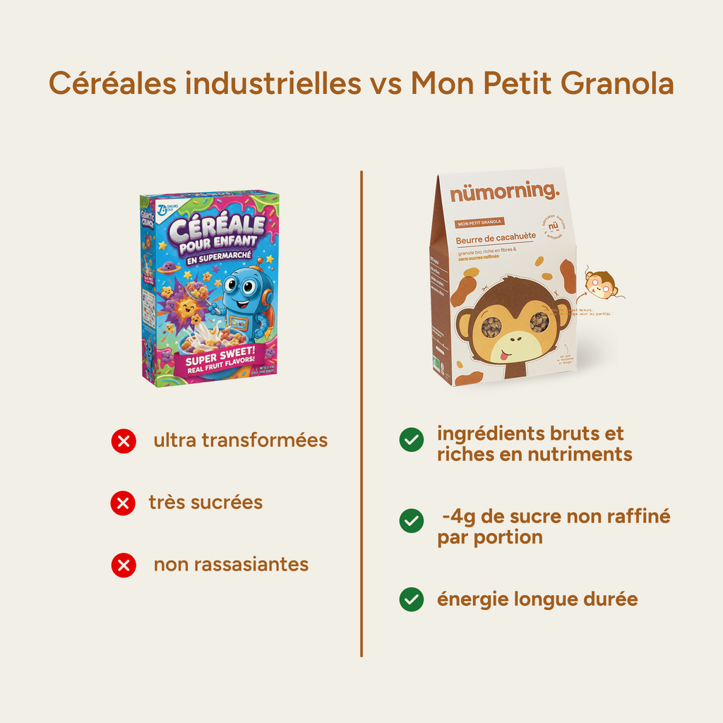 Comparatif céréales enfant industrielles vs nümorning : ingrédients bruts, moins de sucre, énergie longue durée