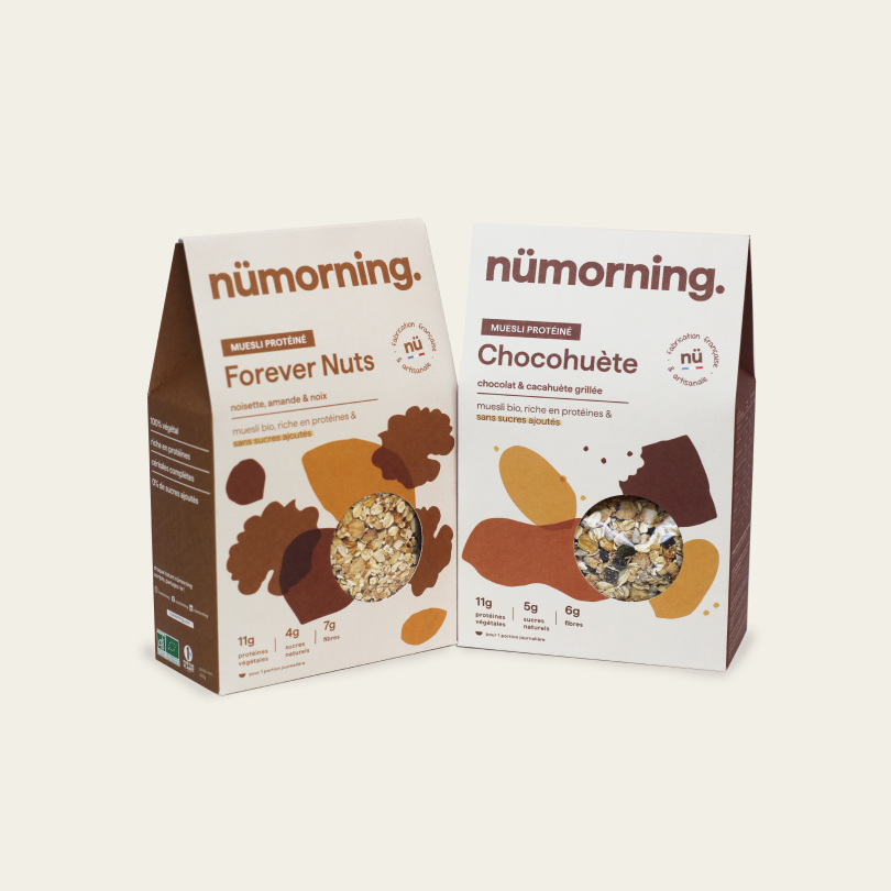 Pack de deux mueslis bio protéinés nümorning Forever Nuts et Chocohuète