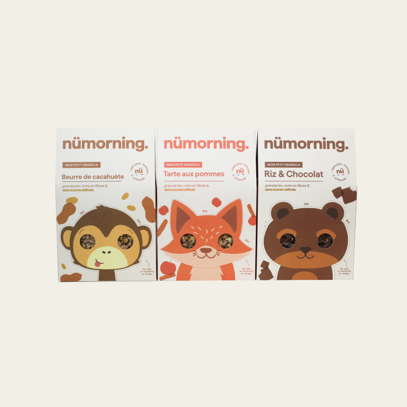 Pack de trois paquets de céréales bio pour enfant nümorning avec visuels ludiques