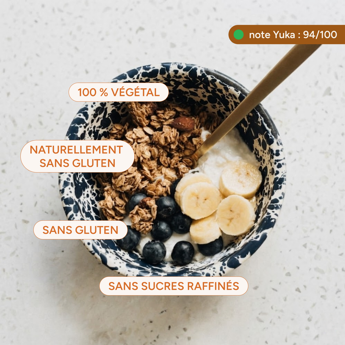Avantages du granola amande : végétal, naturellement sans gluten, sans sucres raffinés, Yuka 94/100