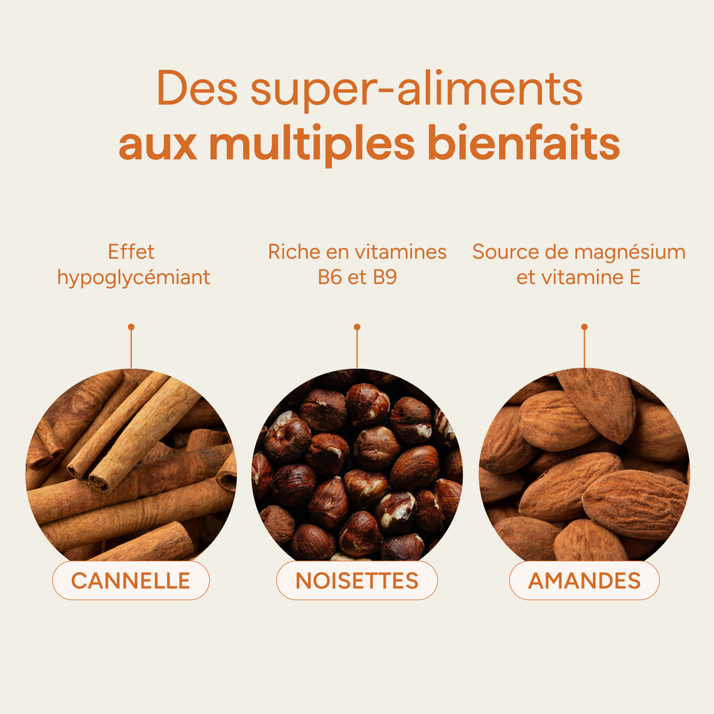 Ingrédients du granola amande et leurs qualités : cannelle, noisettes et amandes