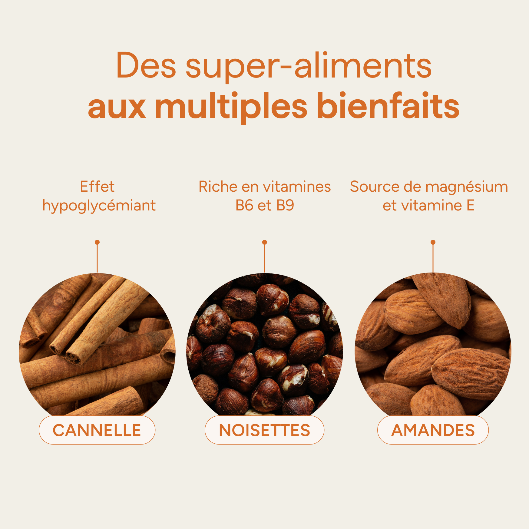 Ingrédients du granola amande et leurs qualités : cannelle, noisettes et amandes