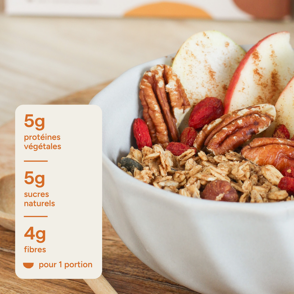 Granola amande : 5g protéines végétales, 5g sucres naturels, 4g fibres par portion