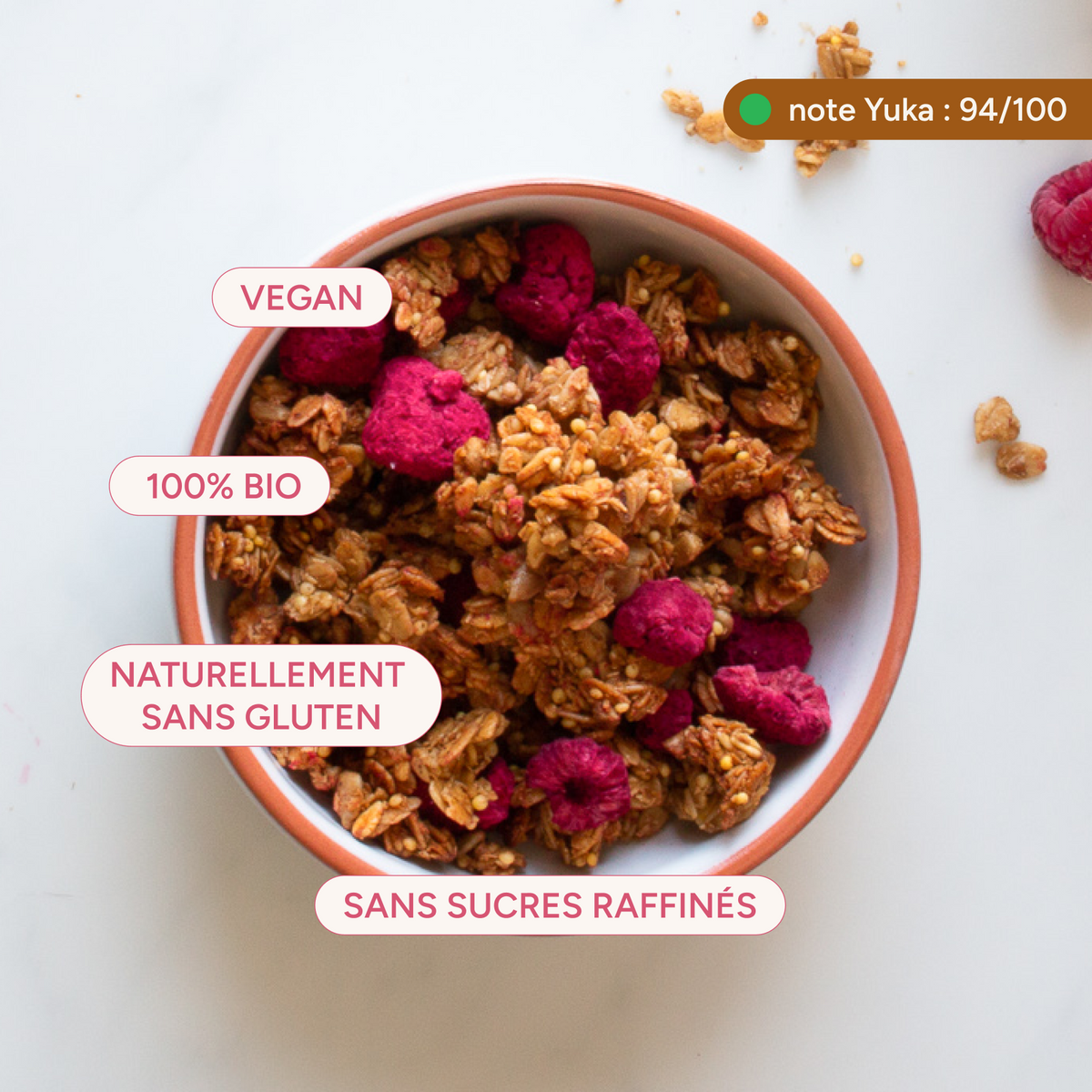 Avantages du granola framboise : vegan, naturellement sans gluten, sans sucres raffinés, Yuka 94/100