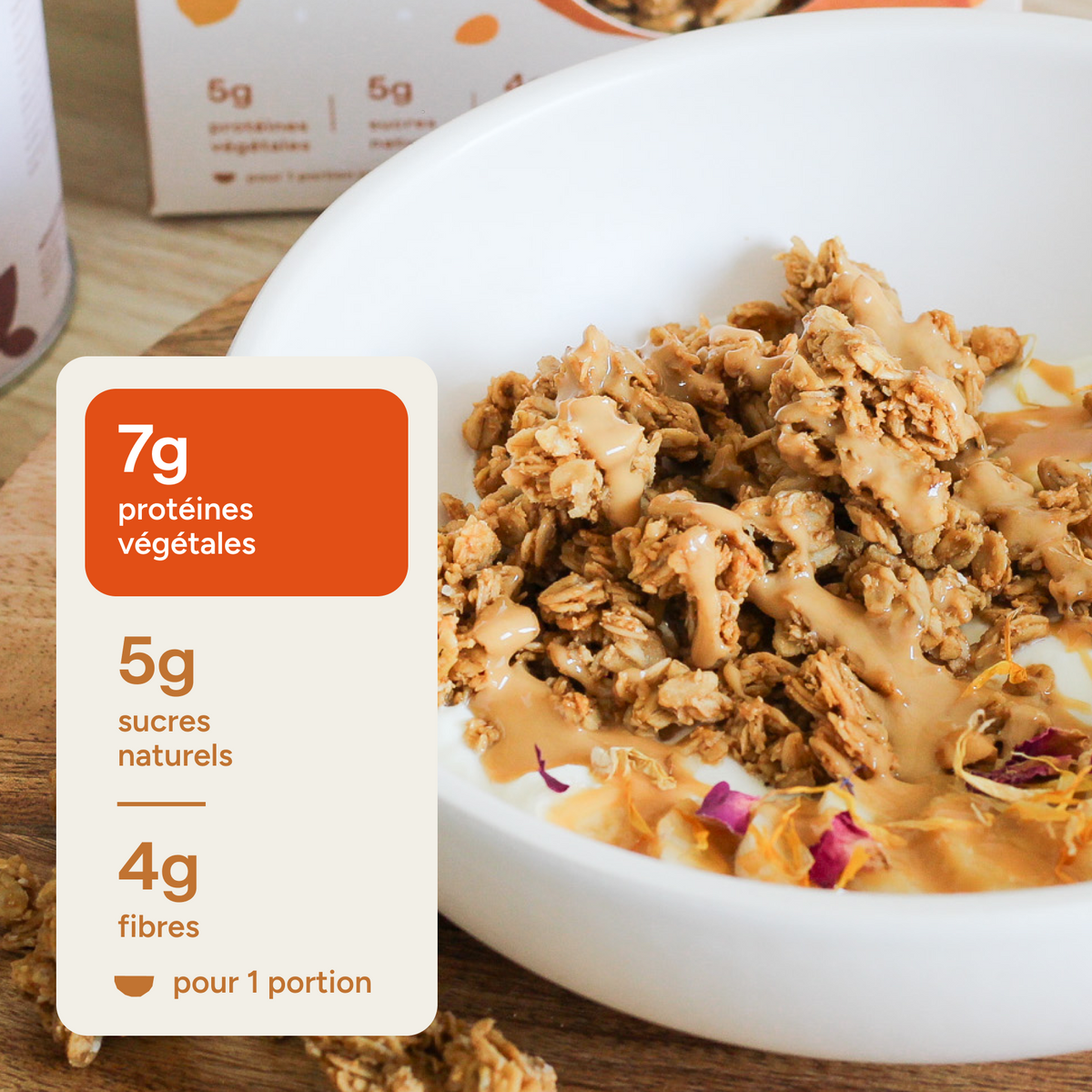 Granola beurre de cacahuète : 7g protéines végétales, 5g sucres naturels, 4g fibres par portion