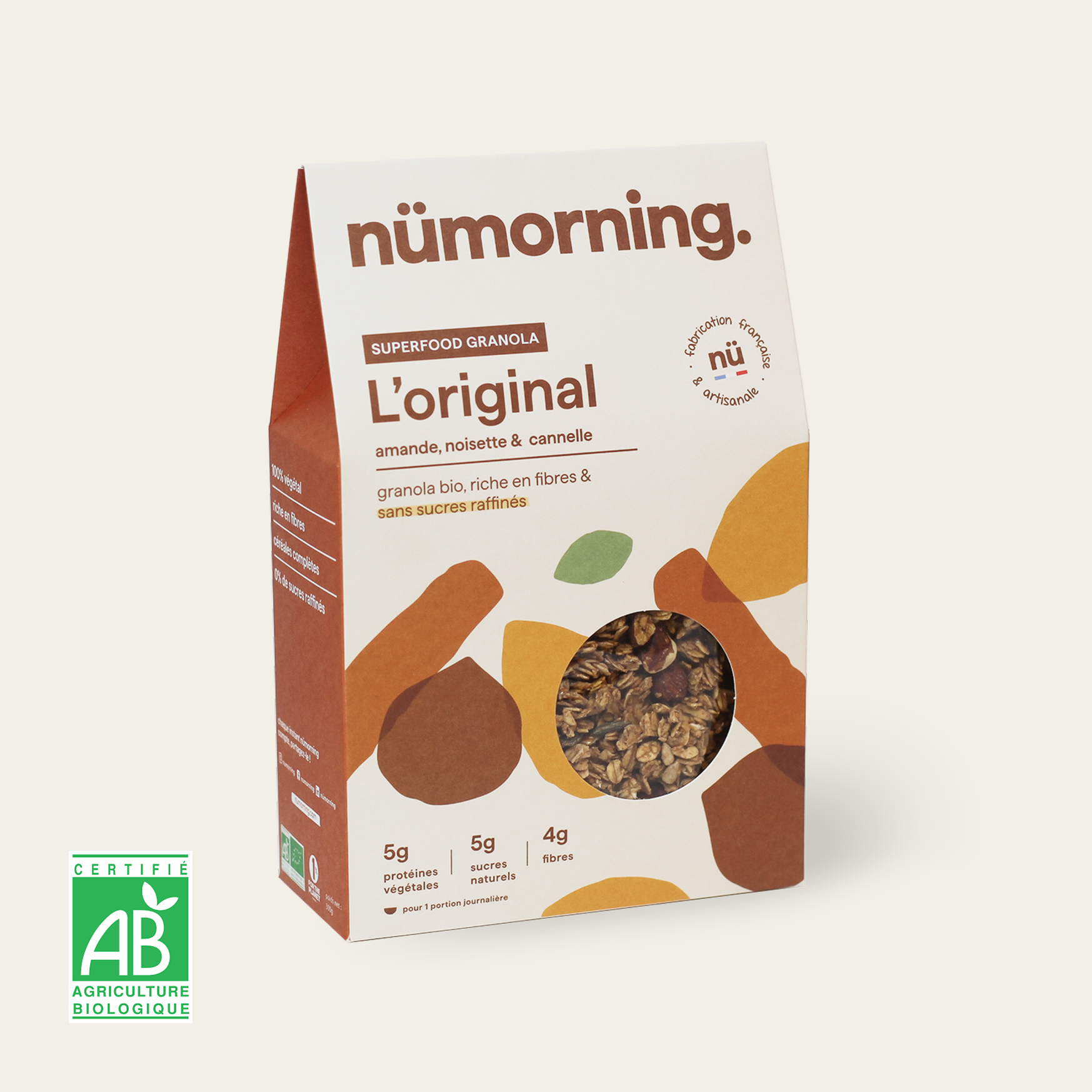 Paquet de granola bio et peu sucré L'original, à l'amande et à la cannelle, de la marque nümorning
