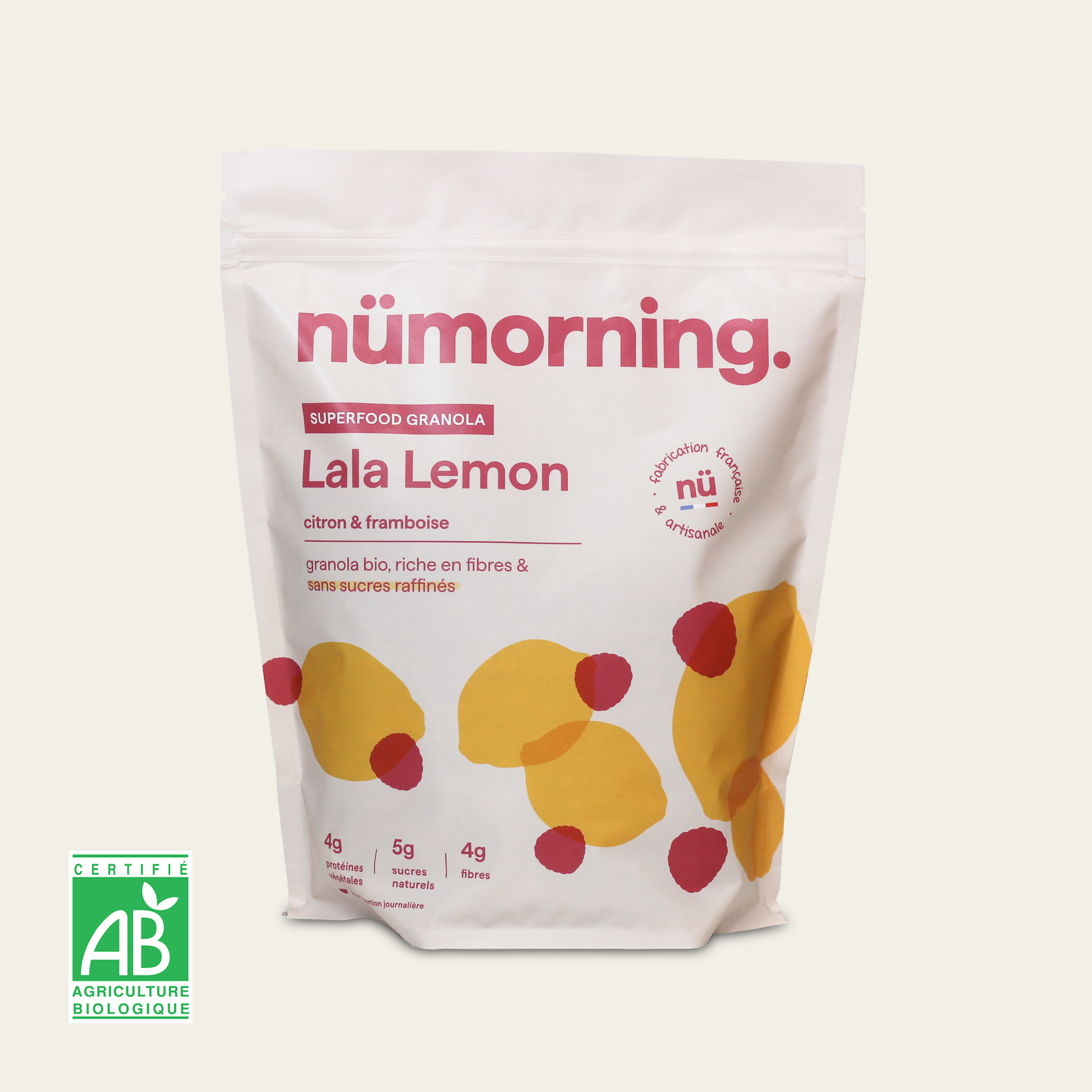 Paquet de 1kg de granola bio Lala Lemon nümorning, à la framboise et au citron