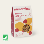 Paquet de granola bio et peu sucré Lala Lemon, à la framboise et au citron, de la marque nümorning