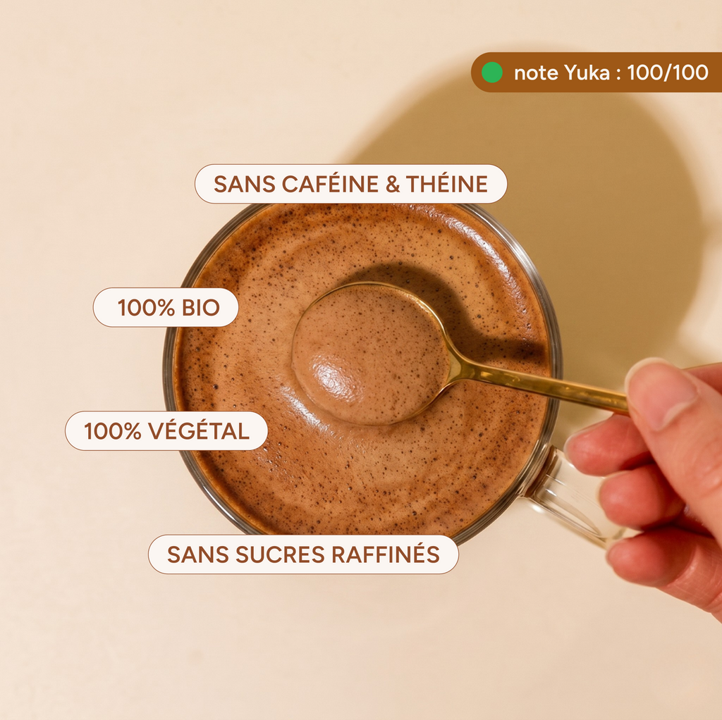 Avantages du macaccino bio : végétal, sans caféine, sans sucres raffinés, note Yuka 100/100
