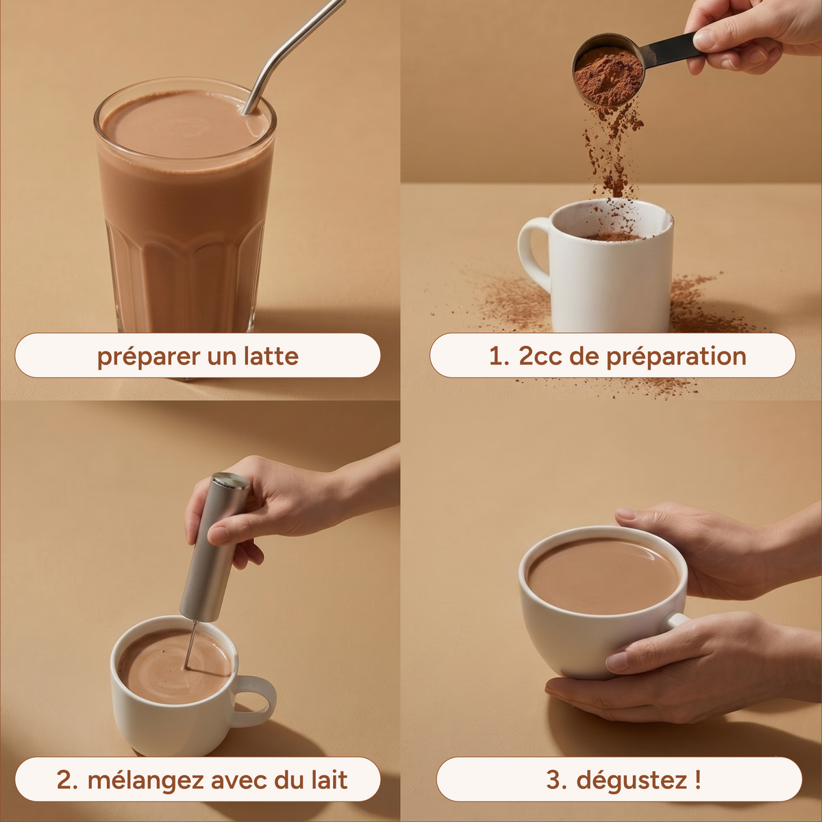 Préparation pour macaccino en 3 étapes : poudre, lait et mélange, dégustation