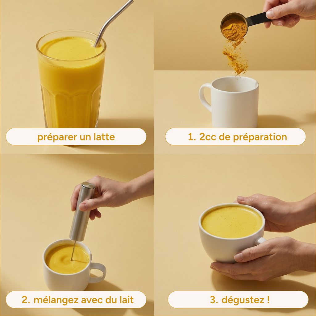 Préparation du golden latte bio en 3 étapes : poudre, lait et mélange, dégustation