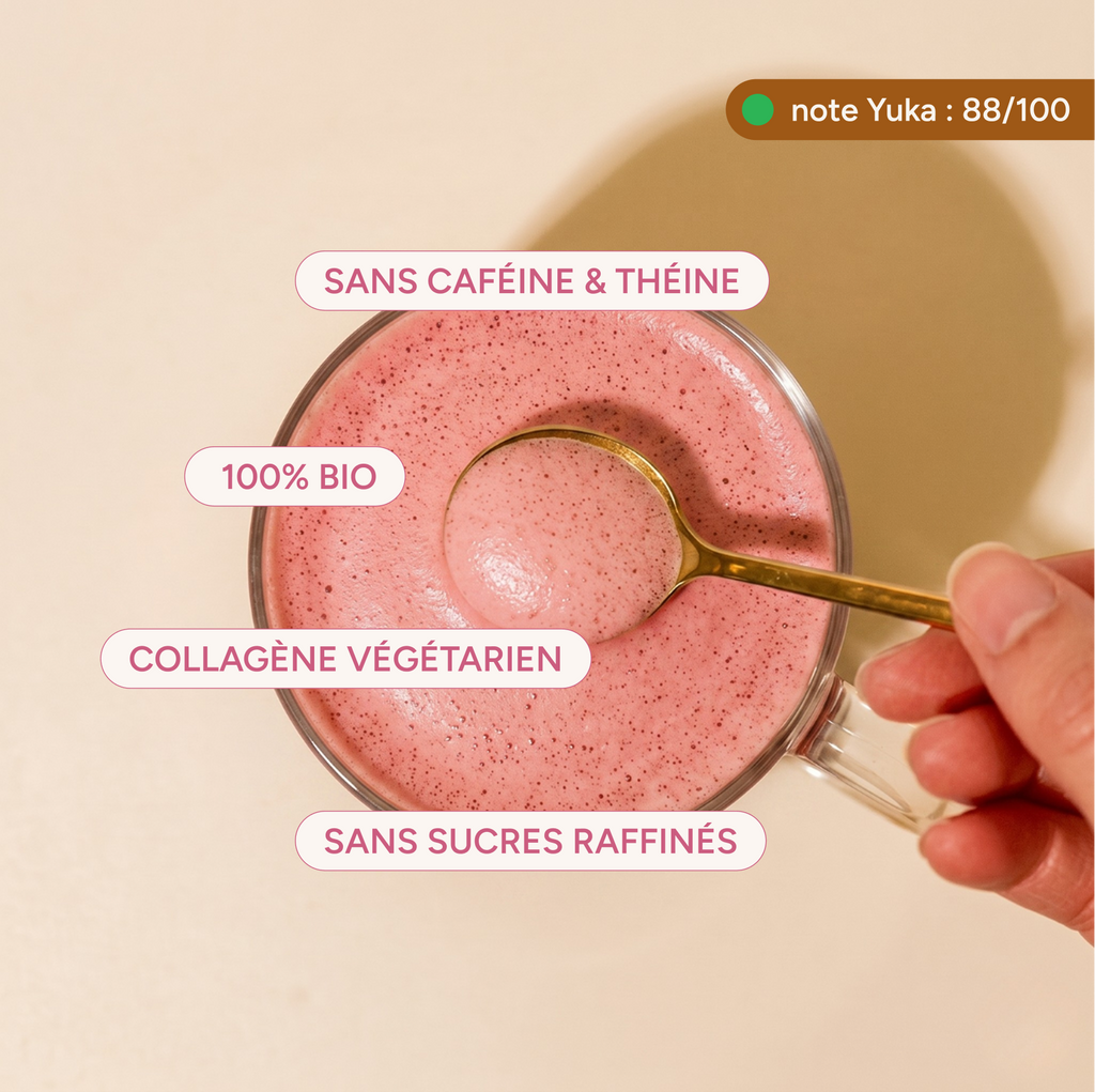 Avantages du pink latte bio : collagène végétarien, sans caféine, sans sucres raffinés, Yuka 86/100