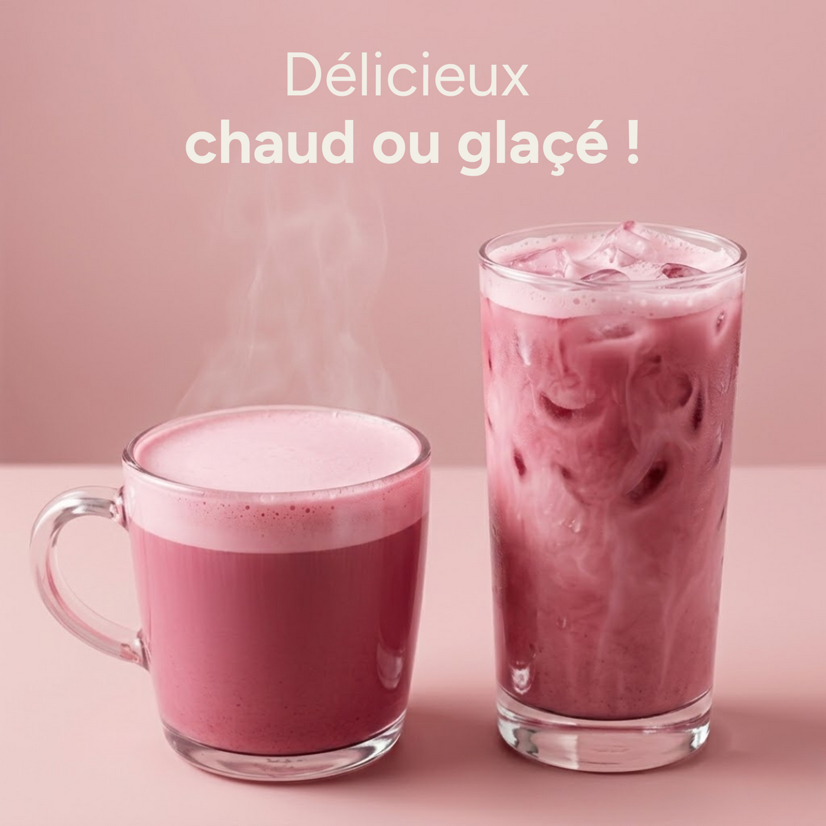 Pink chaï servi chaud en tasse et glacé en verre
