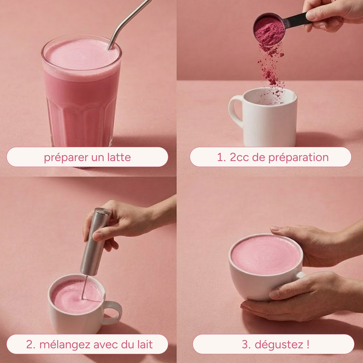 Préparation du pink chaï en 3 étapes : poudre, lait et mélange, dégustation