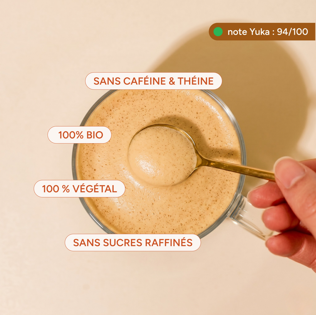 Avantages du pumpkin spice latte bio : végétal, sans caféine, sans sucres raffinés, Yuka 94/100