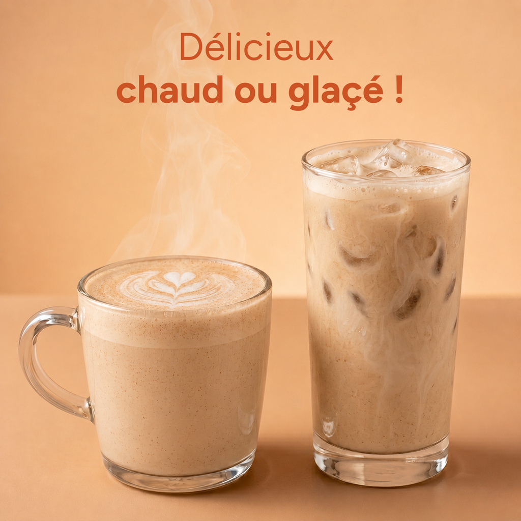Pumpkin spice latte servi chaud en mug et glacé en verre