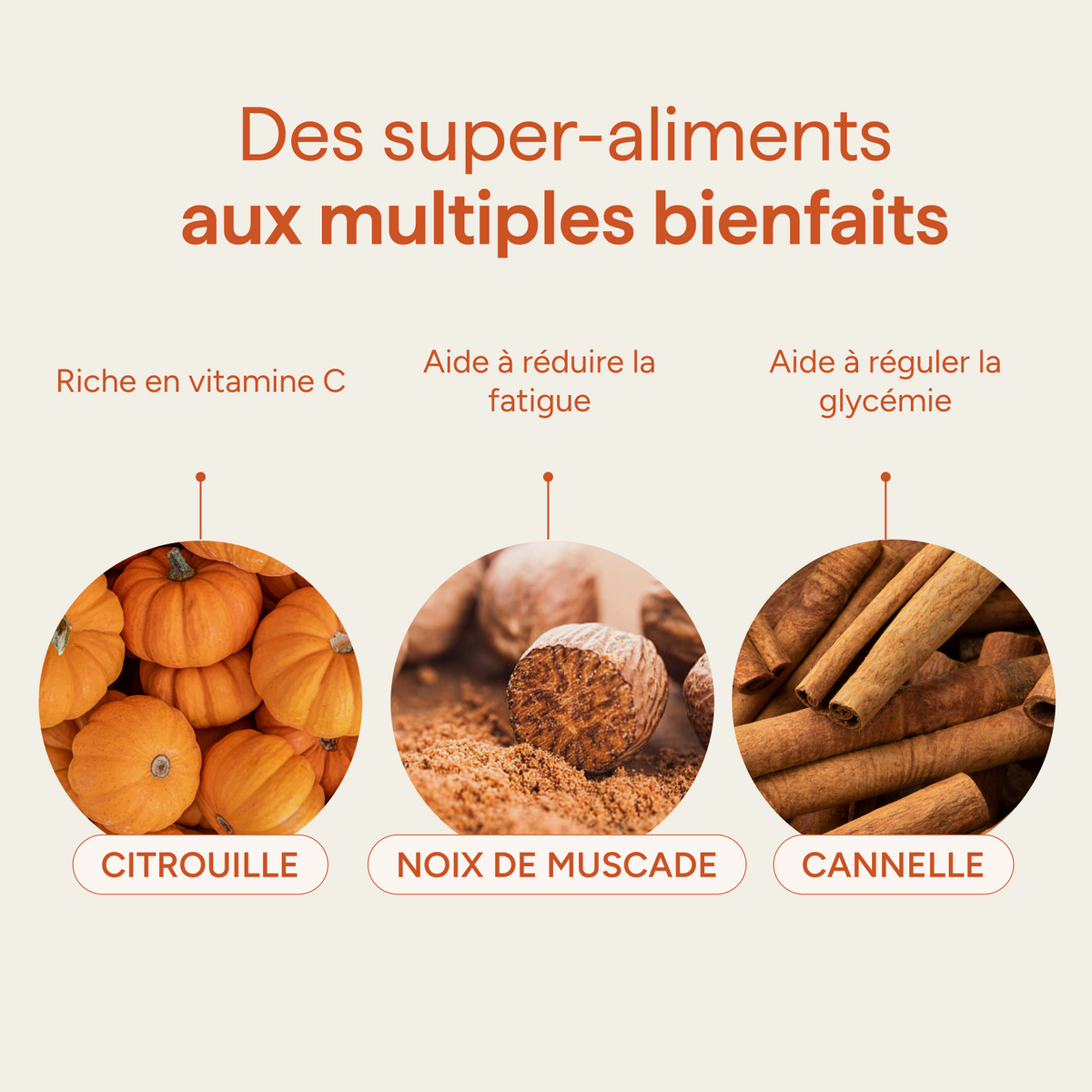 Ingrédients du pumpkin spice latte et leurs qualités : citrouille, noix de muscade et cannelle