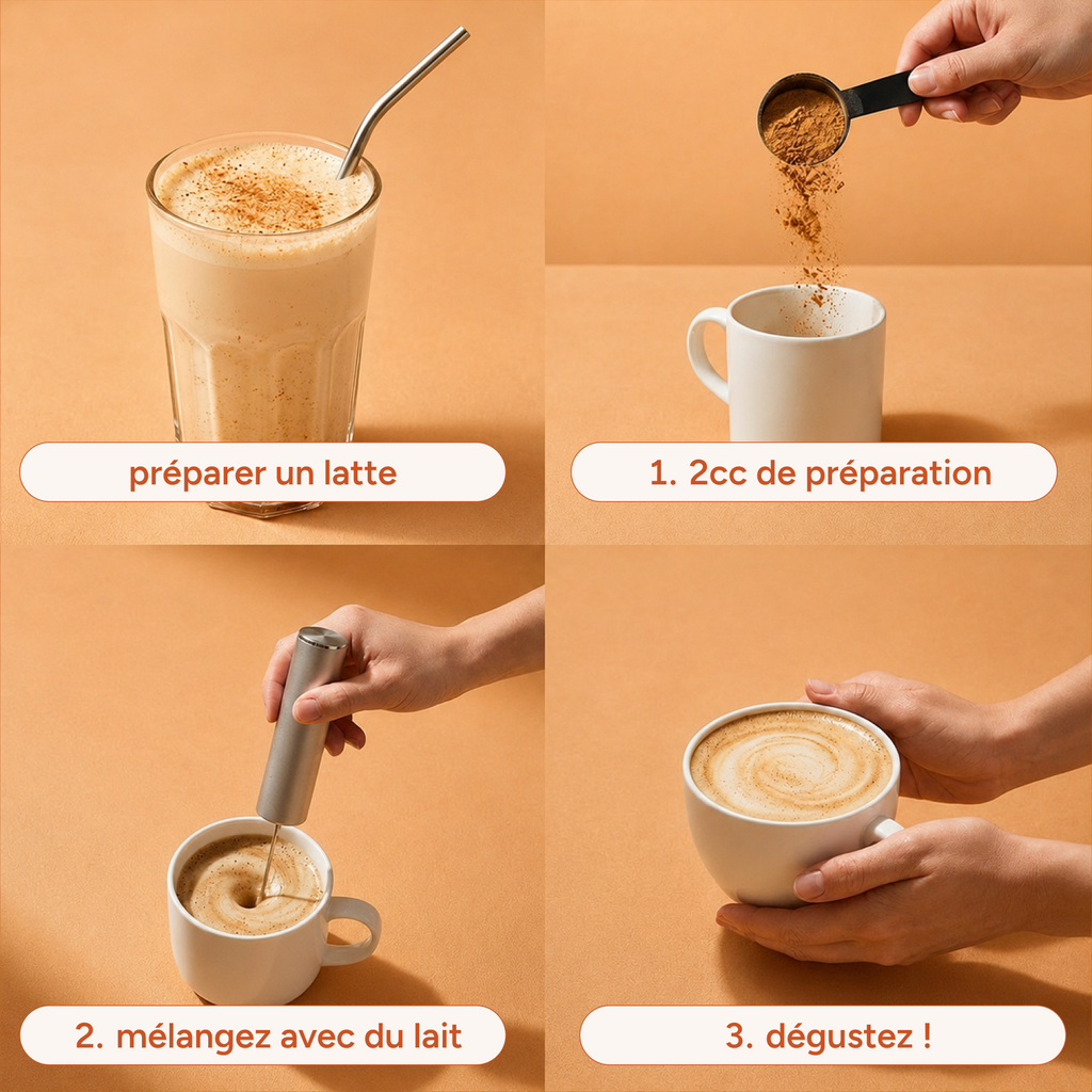 Préparation du pumpkin spice latte en 3 étapes : poudre, lait et mélange, dégustation