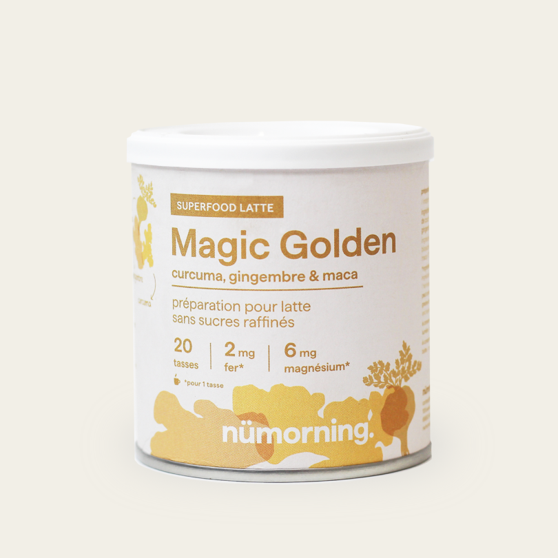 Boîte de golden latte en poudre bio et peu sucré Magic Golden de la marque nümorning