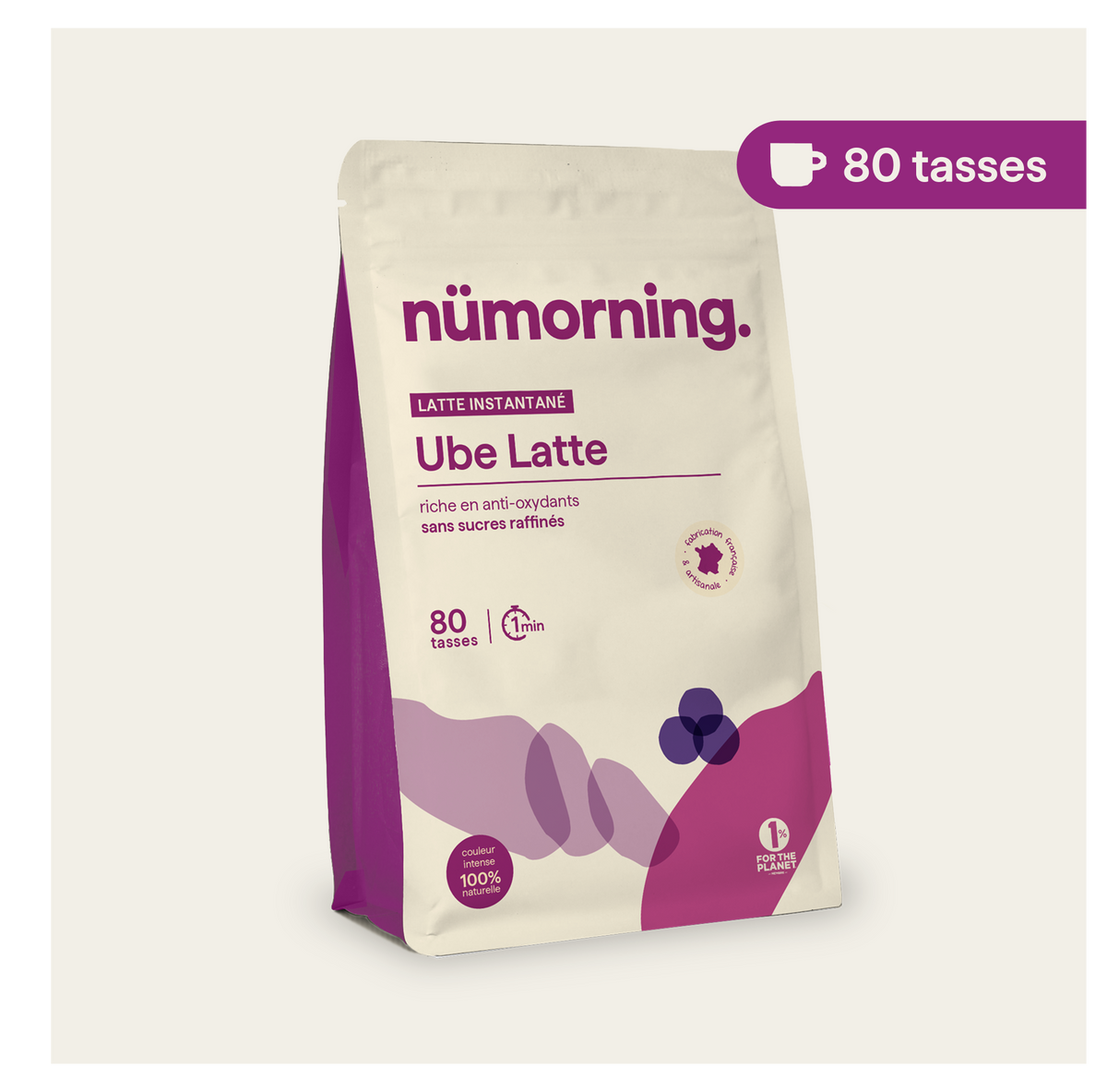 Sachet d'ube latte bio en poudre nümorning, en format 80 tasses