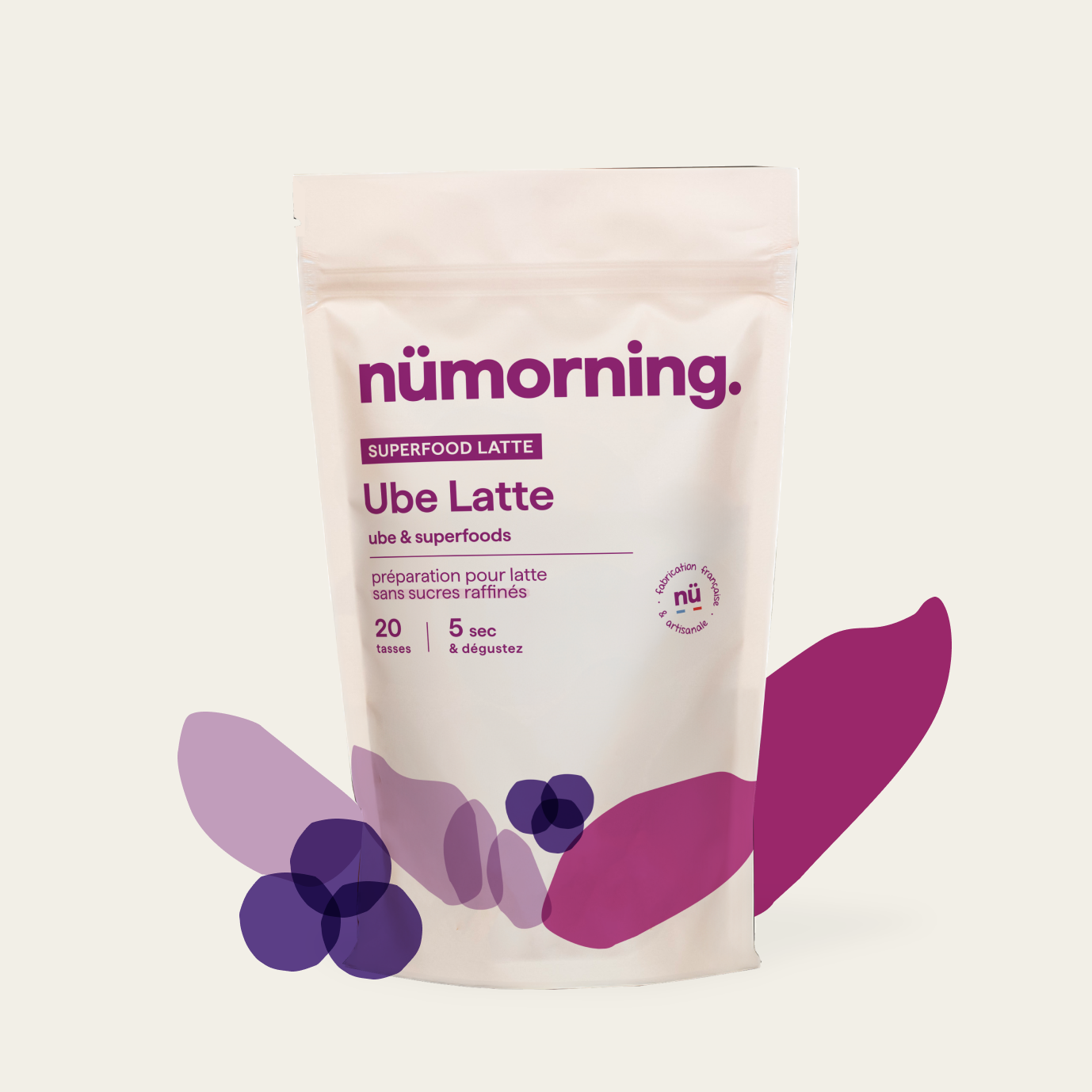 Sachet de 500g de mélange pour ube latte en poudre bio de la marque nümorning