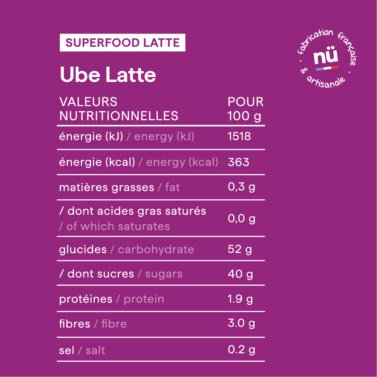 Tableau des valeurs nutritionnelles du ube latte bio de nümorning