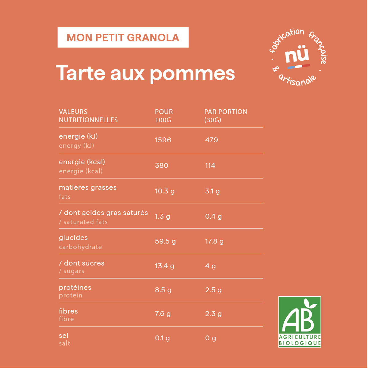 Tableau des valeurs nutritionnelles des céréales pour enfant bio Tarte aux pommes, de nümorning