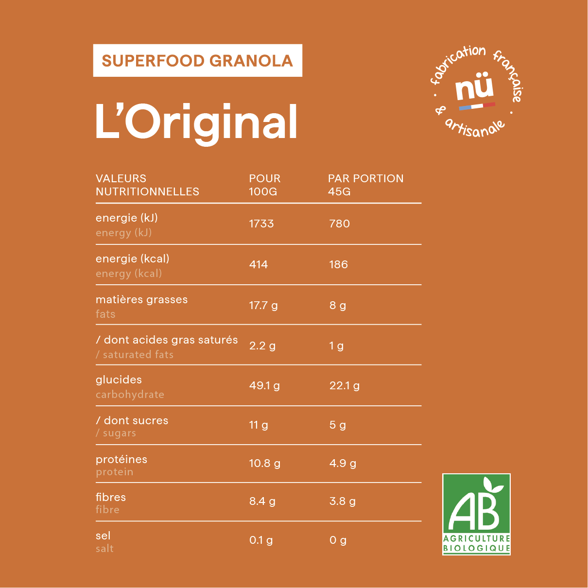 Tableau des valeurs nutritionnelles du granola bio amande et cannelle L'orignal, de nümorning