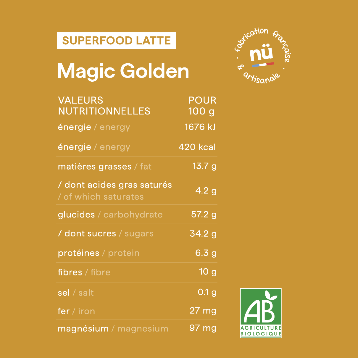 Tableau des valeurs nutritionnelles du golden latte en poudre bio Magic Golden de nümorning