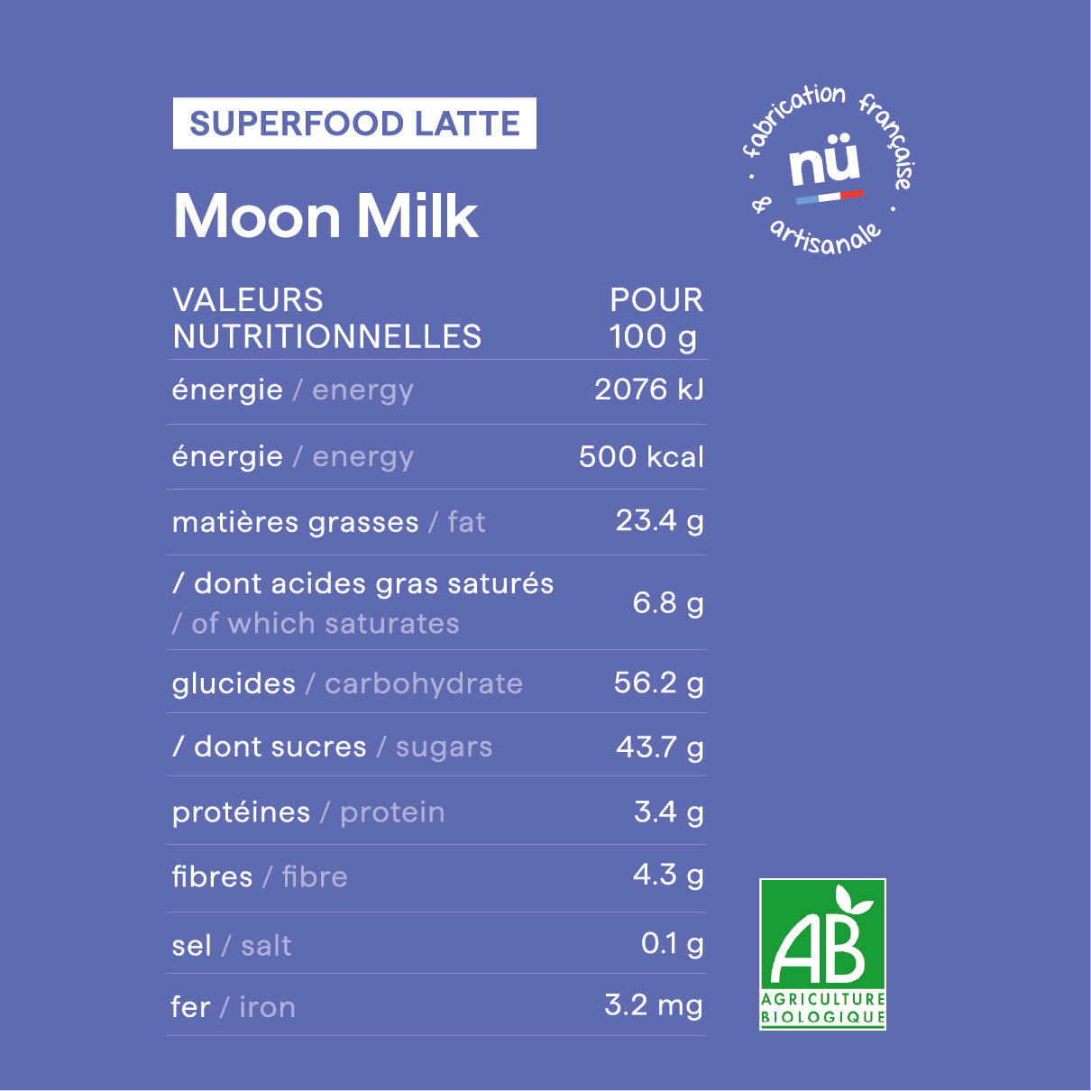 Tableau des valeurs nutritionnelles du moon milk bio de nümorning